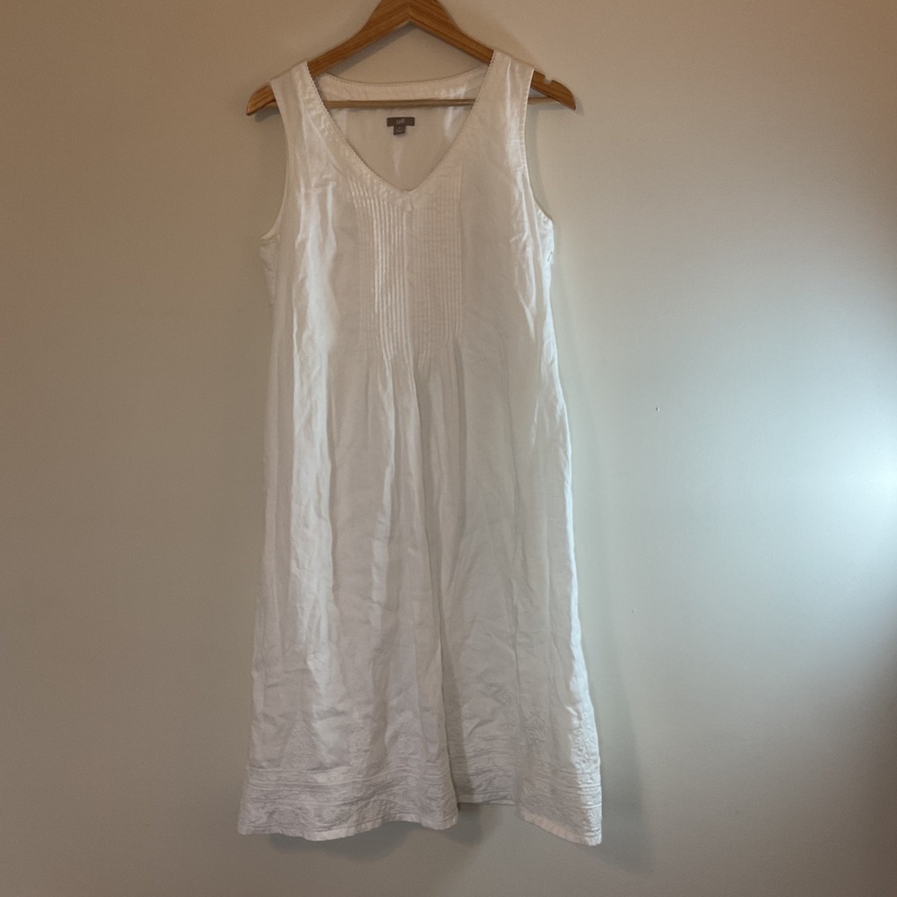 J. Jill White 100% Linen Embroidered Pintuck V-Neck Sleeveless Dress Medium
